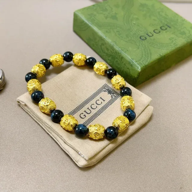 Gucci Pulseira Ouro Azul Contas Alternantes e Esferas Escuras 4