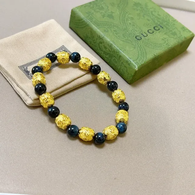 Gucci Pulseira Ouro Azul Contas Alternantes e Esferas Escuras 6