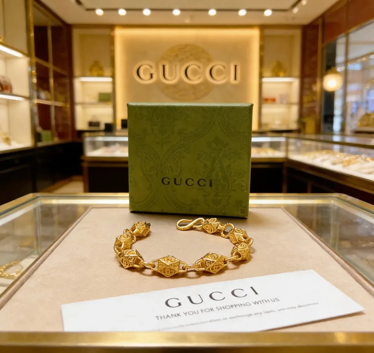 Gucci Pulsera dorada con eslabones geométricos facetados interconectados motivo GG 2