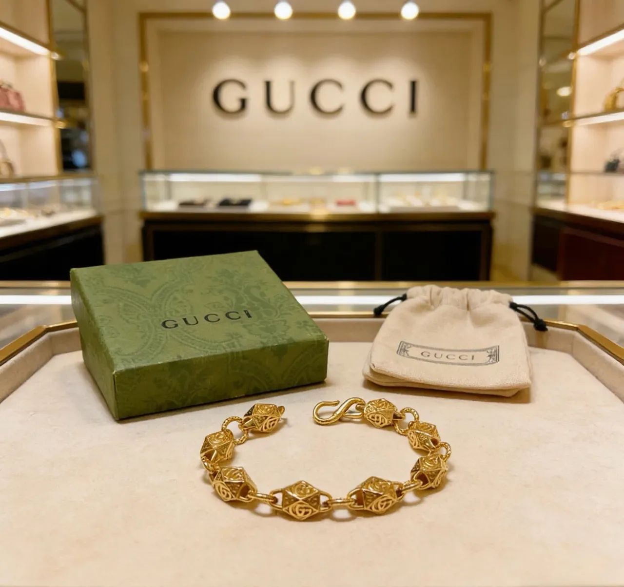 Gucci Pulsera dorada con eslabones geométricos facetados interconectados motivo GG 5