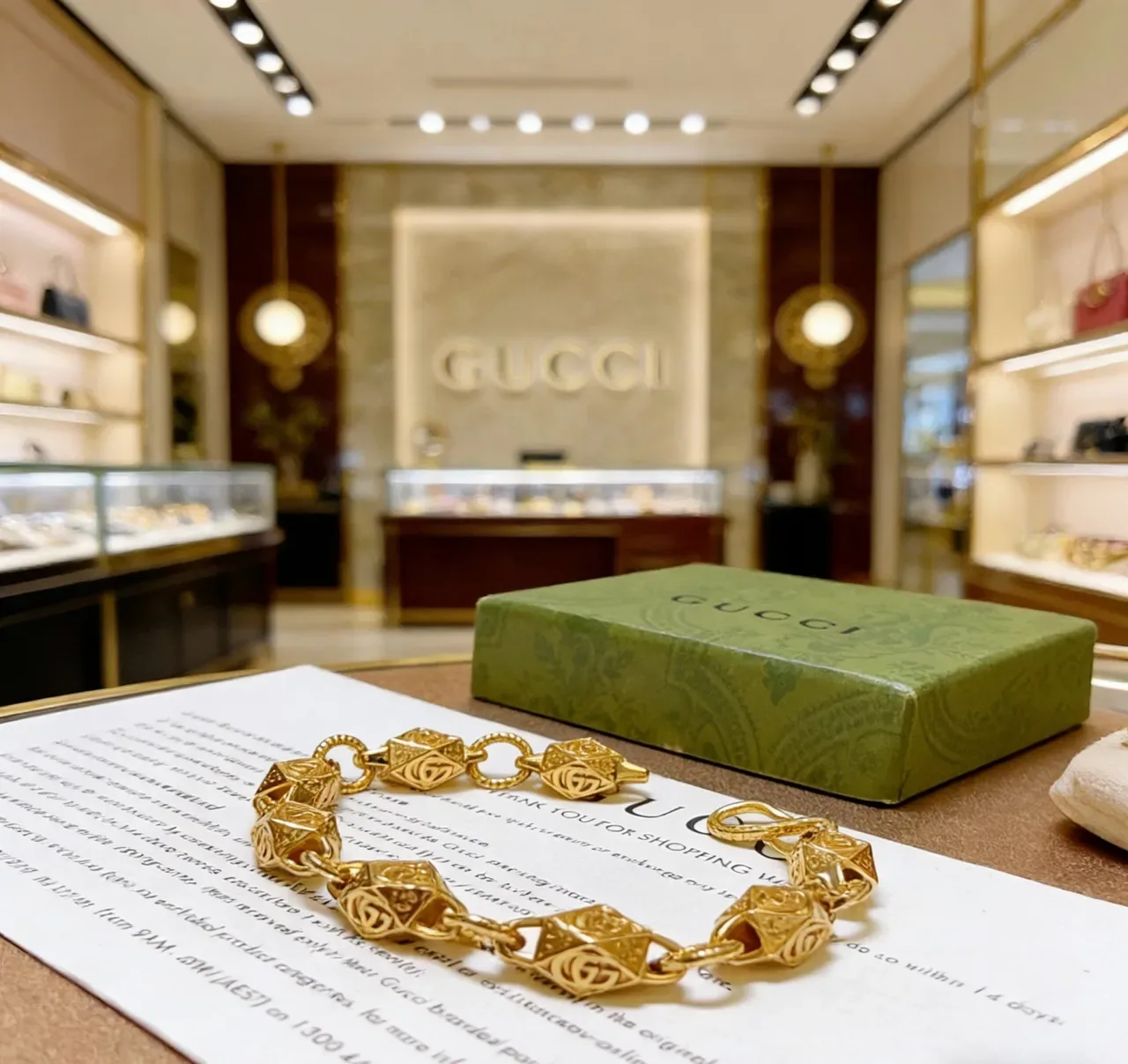 Gucci Pulsera dorada con eslabones geométricos facetados interconectados motivo GG 6