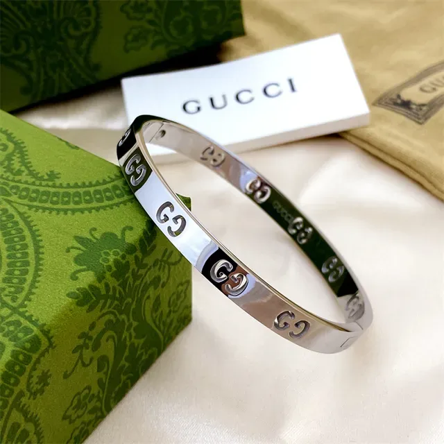 Gucci Gold Silver Rigid Bangle Interlocking GG Motif Bracelet 9