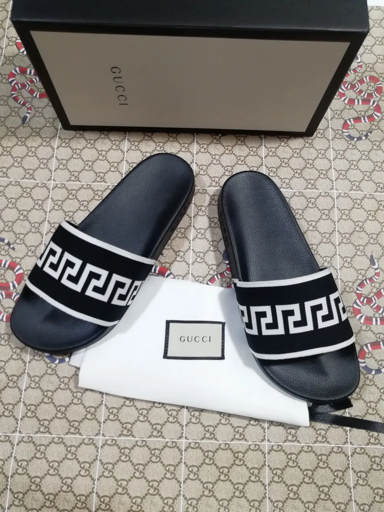 Gucci Greca Slide Black and White Slippers 2