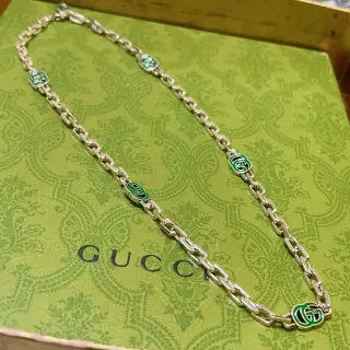 Gucci সবুজ রূপালি চেইন-লিঙ্ক এনামেল ডাবল-জি মোটিফ নেকলেস