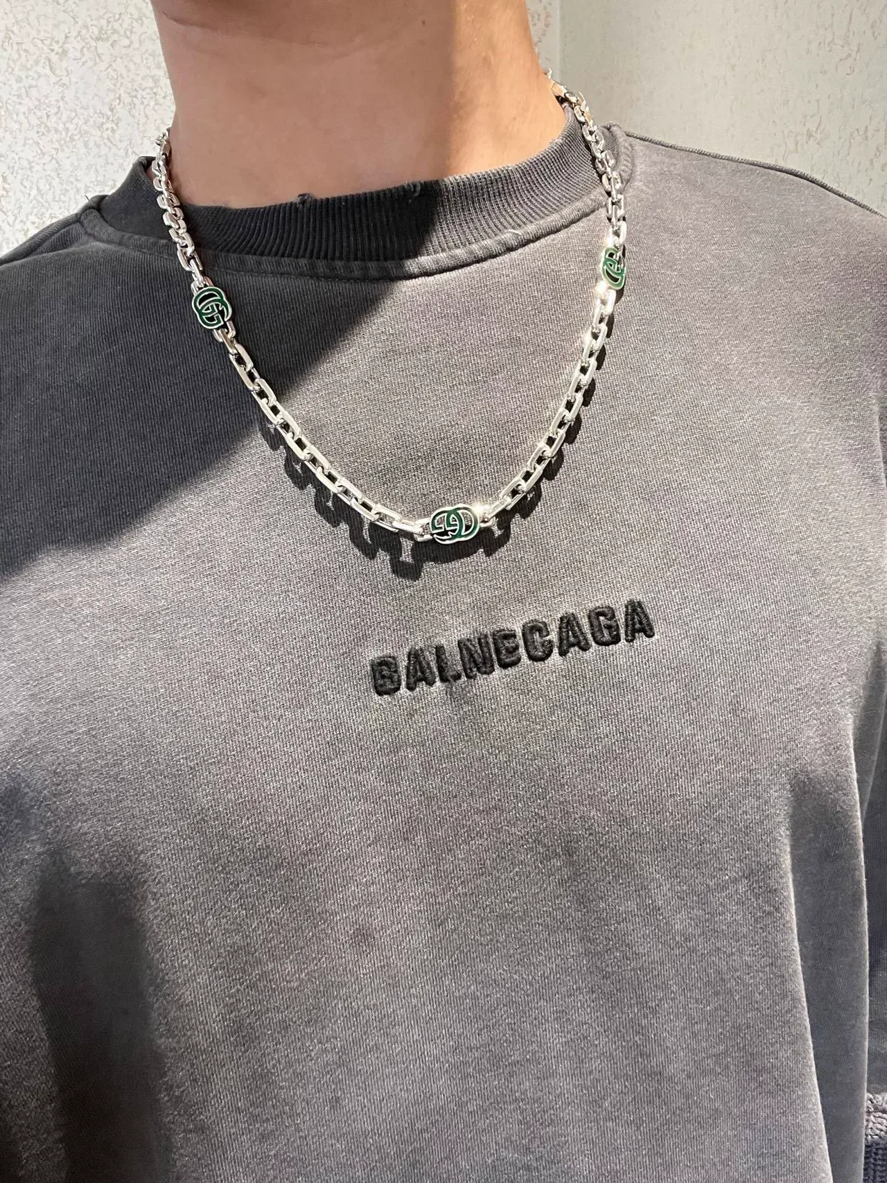 Gucci 绿银色链环珐琅双G图案项链 8