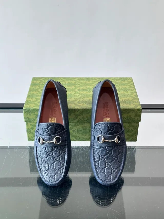 Gucci Horsebit 1955 Navy Blue Embossed GG Loafers 4