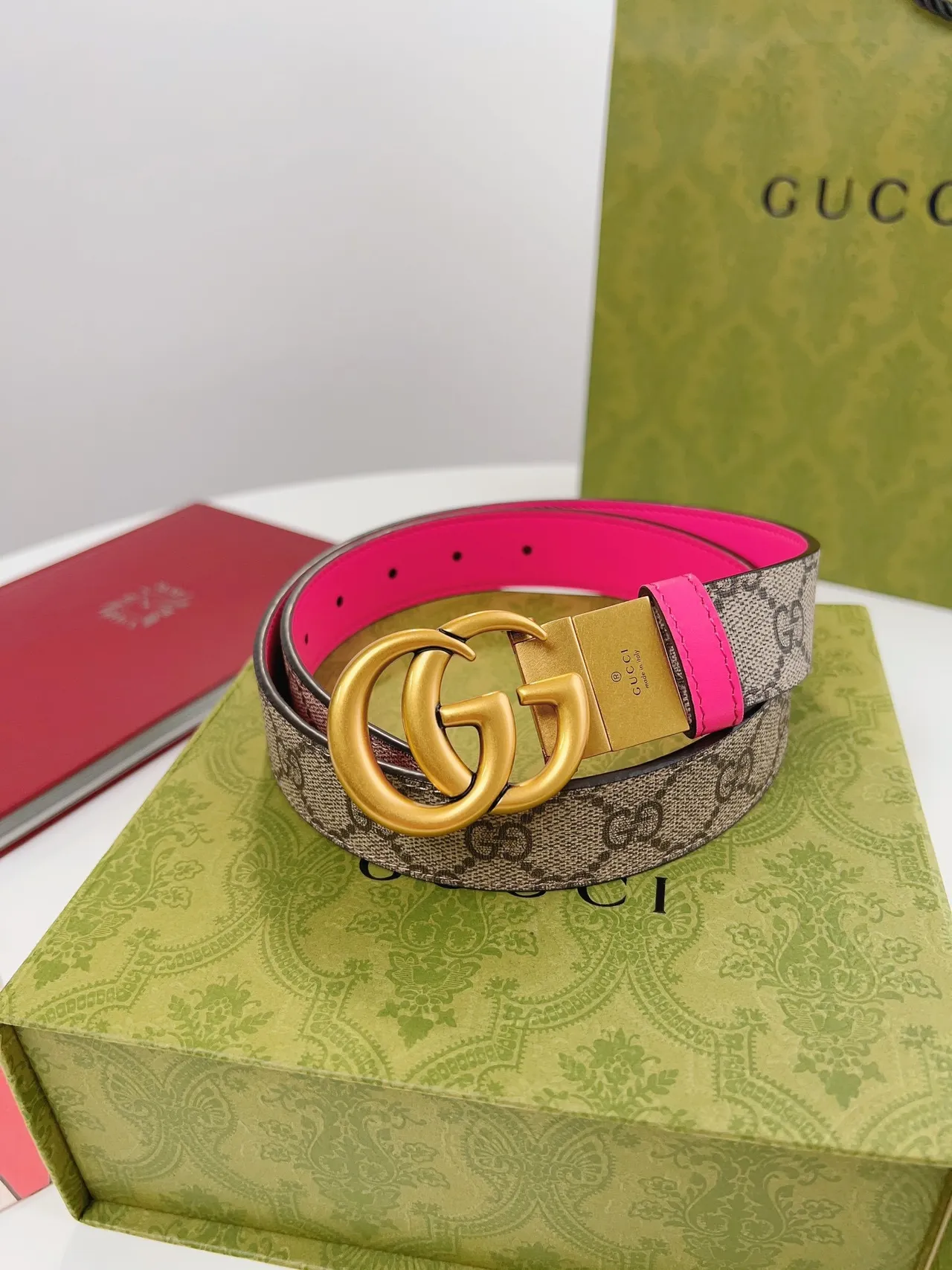 Gucci Horsebit 1955 لونين بينك نيون و GG مونوغرام حزام جلد 5