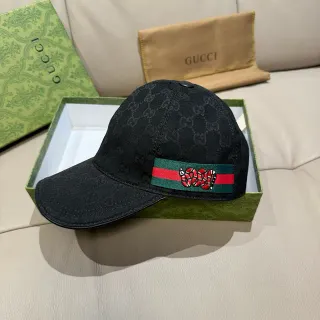 Gucci 金蛇黑绿 GG 花纹 帆布 网状条纹带 棒球帽