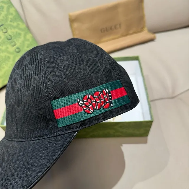 Gucci Kingsnake Black Green GG Monogram Canvas Web Stripe Band Baseball Cap 7