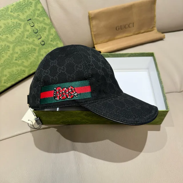 Gucci Kingsnake Black Green GG Monogram Canvas Web Stripe Band Baseball Cap 9