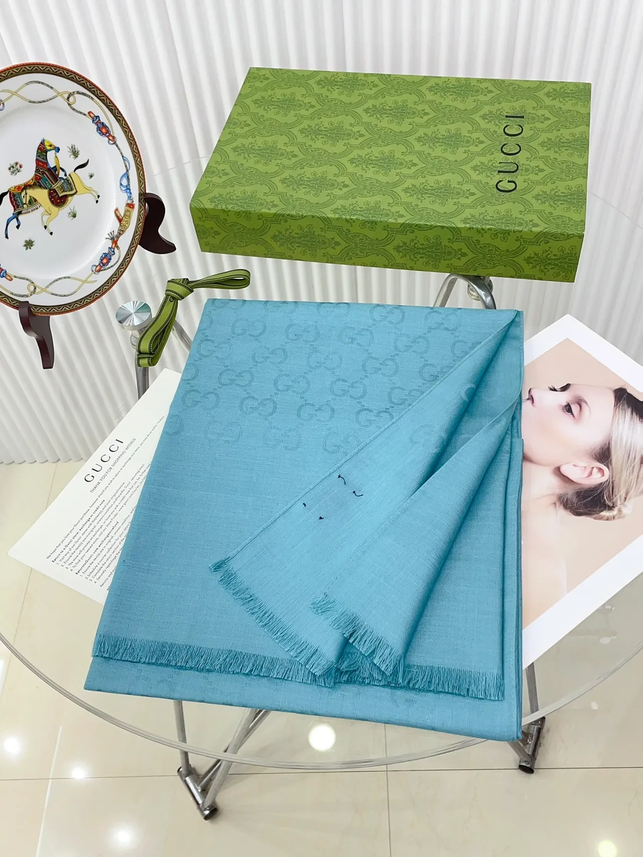 Gucci 印花浅蓝色流苏丝巾 4