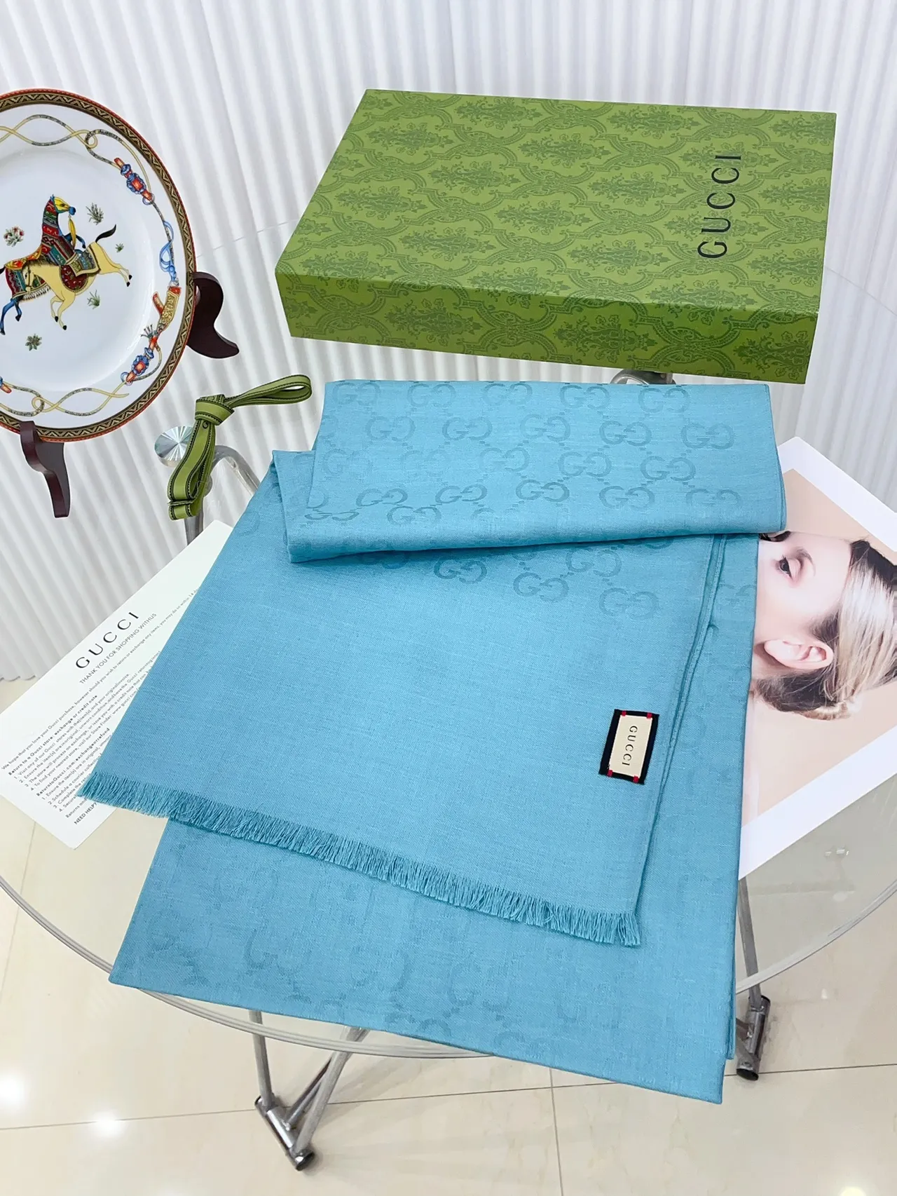 Gucci 印花浅蓝色流苏丝巾 5