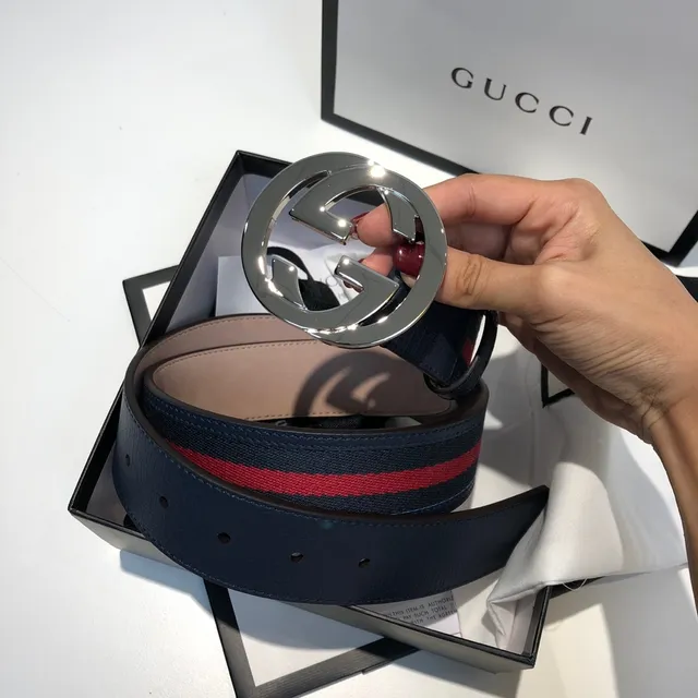 Gucci Ophidia Navy Red Interlocking G Buckle Silver-Tone Hardware Leather Belt 6