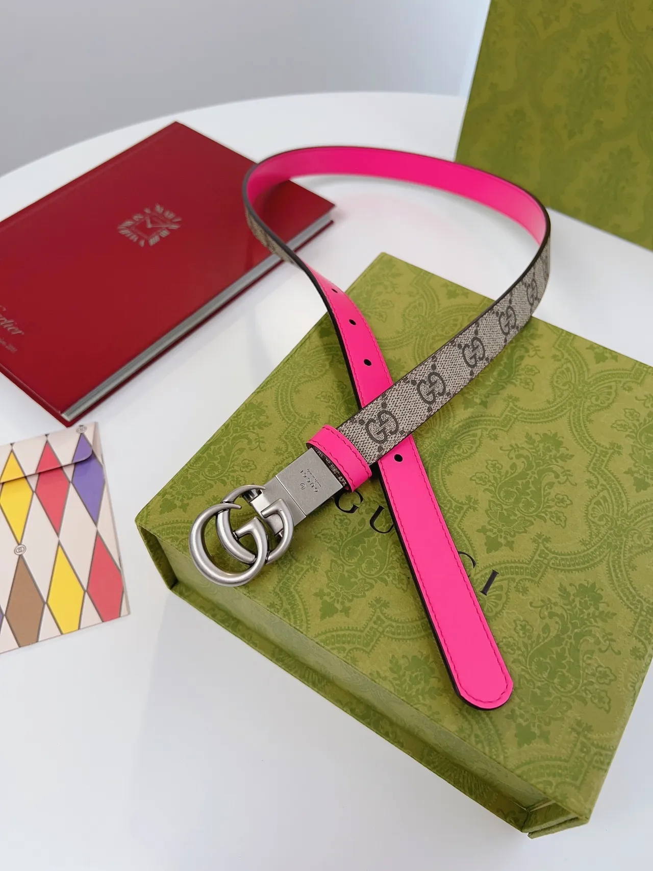 Gucci Ophidia Reversible Pink and GG Web Leather Belt 6