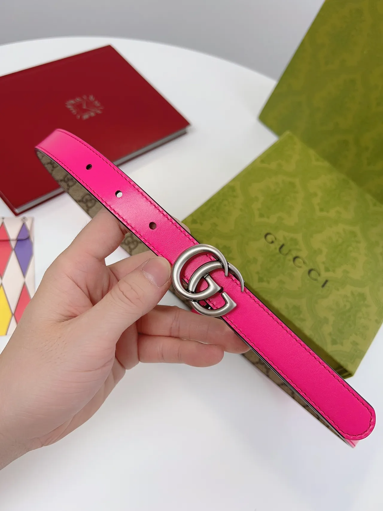 Gucci Ophidia Reversible Pink and GG Web Leather Belt 7