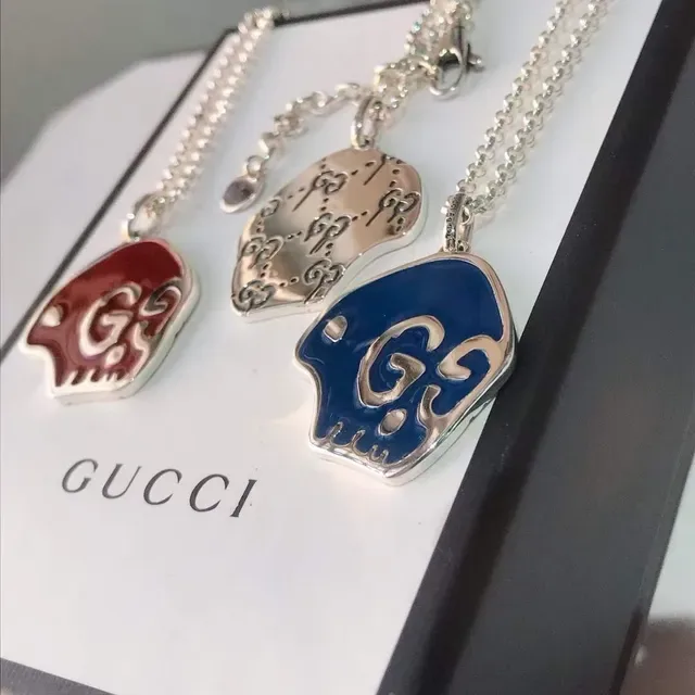 Gucci Red Blue Enamel Skull Pendant Interlocking G Logo Necklace 3