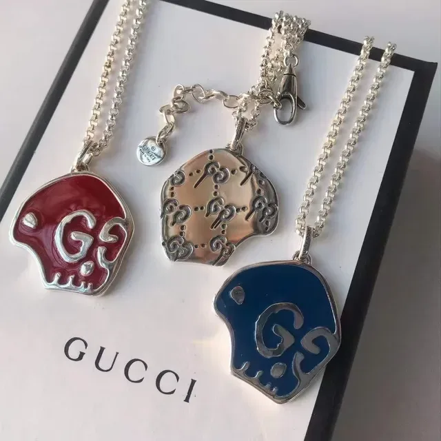 Gucci Red Blue Enamel Skull Pendant Interlocking G Logo Necklace 4