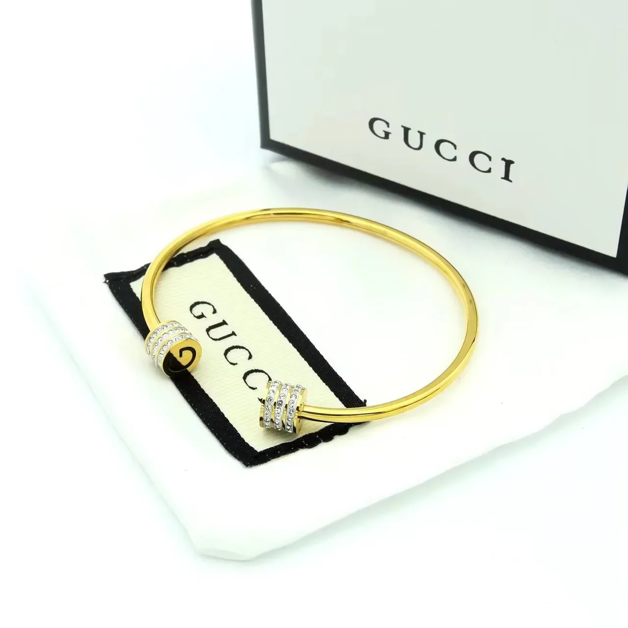 Gucci Rotating Crystal G-Logo Bangle Gold Silver Open Barrels Bracelet 2