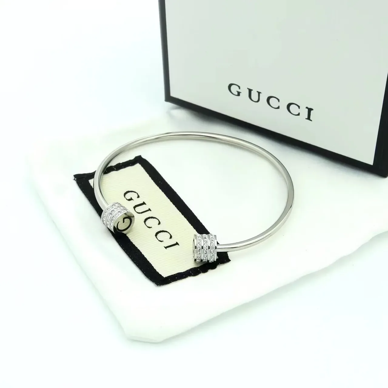 Gucci Rotating Crystal G-Logo Bangle Gold Silver Open Barrels Bracelet 3