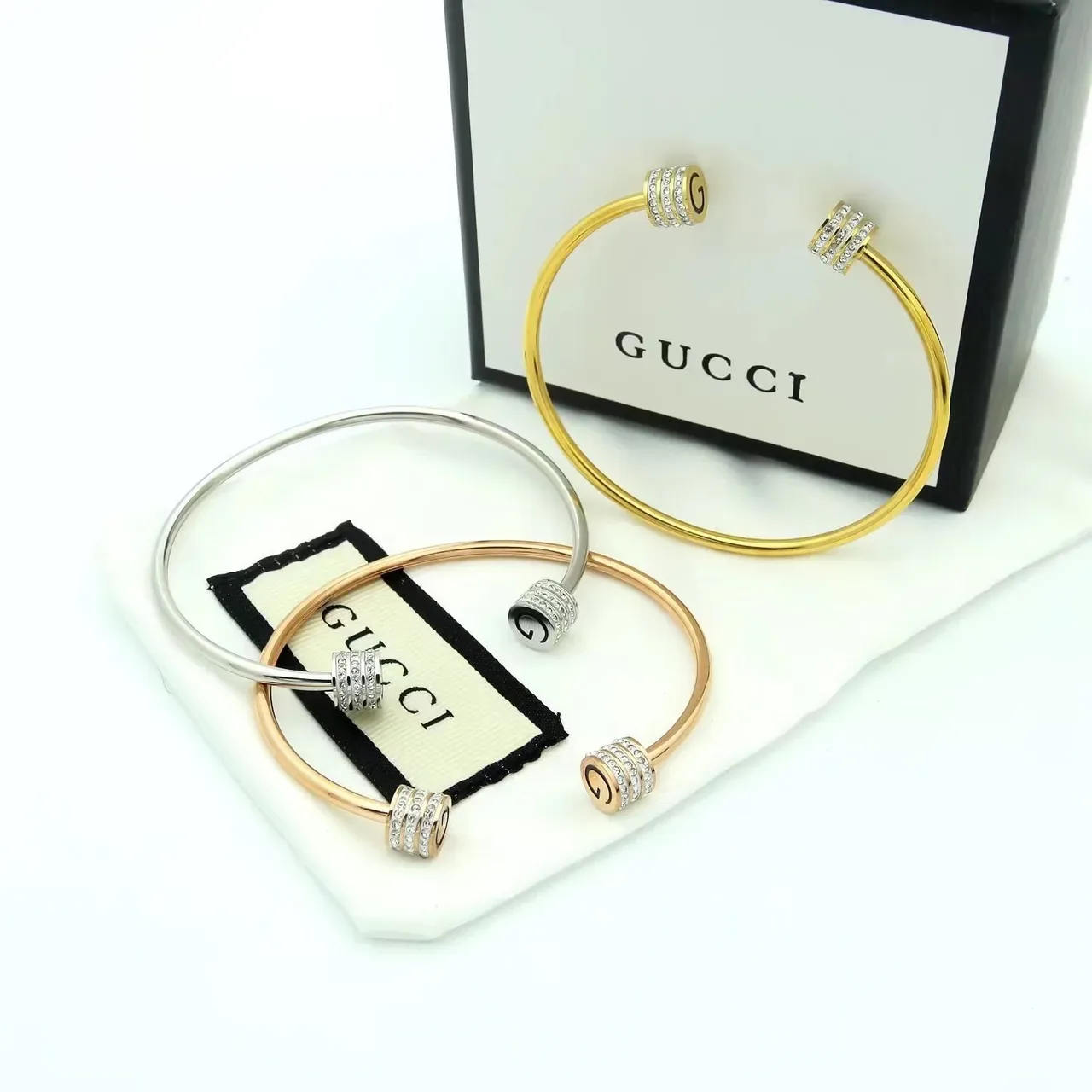 Gucci Rotating Crystal G-Logo Bangle Gold Silver Open Barrels Bracelet 4