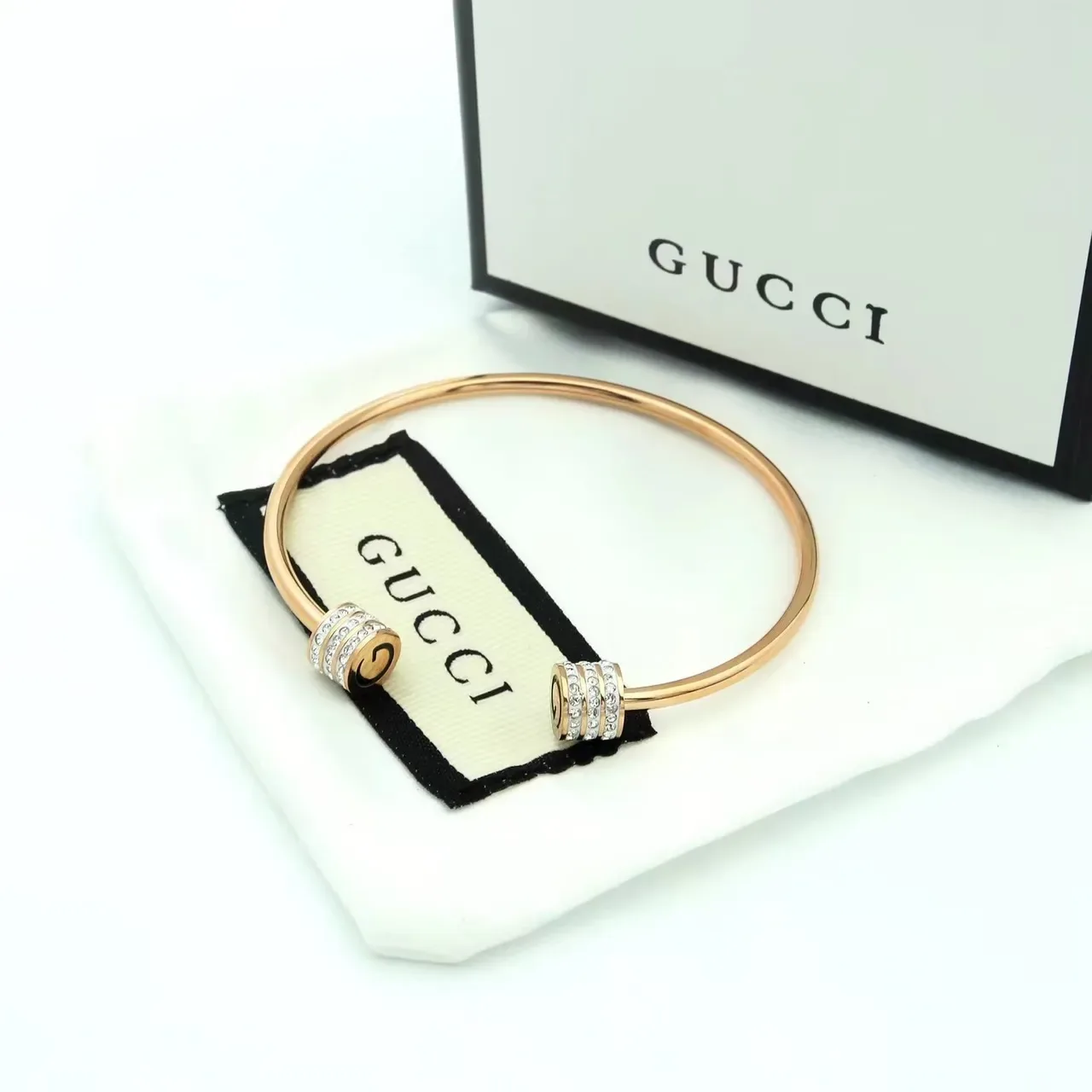 Gucci Rotating Crystal G-Logo Bangle Gold Silver Open Barrels Bracelet 5