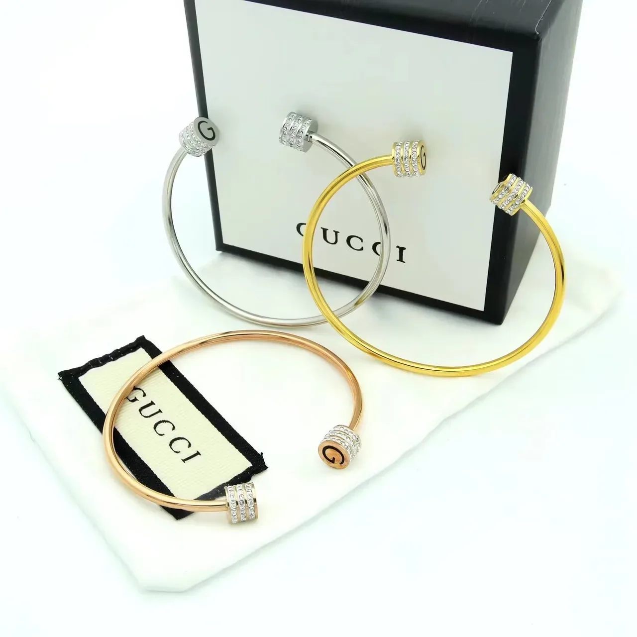 Gucci Rotating Crystal G-Logo Bangle Gold Silver Open Barrels Bracelet 6