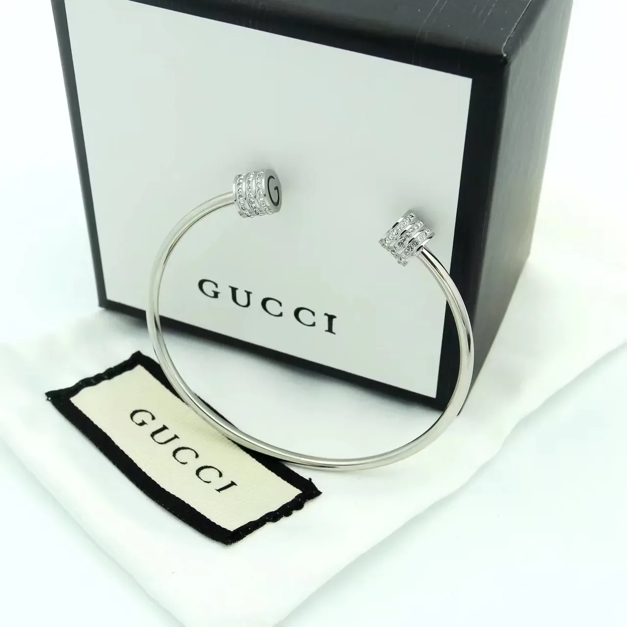 Gucci Rotating Crystal G-Logo Bangle Gold Silver Open Barrels Bracelet 7