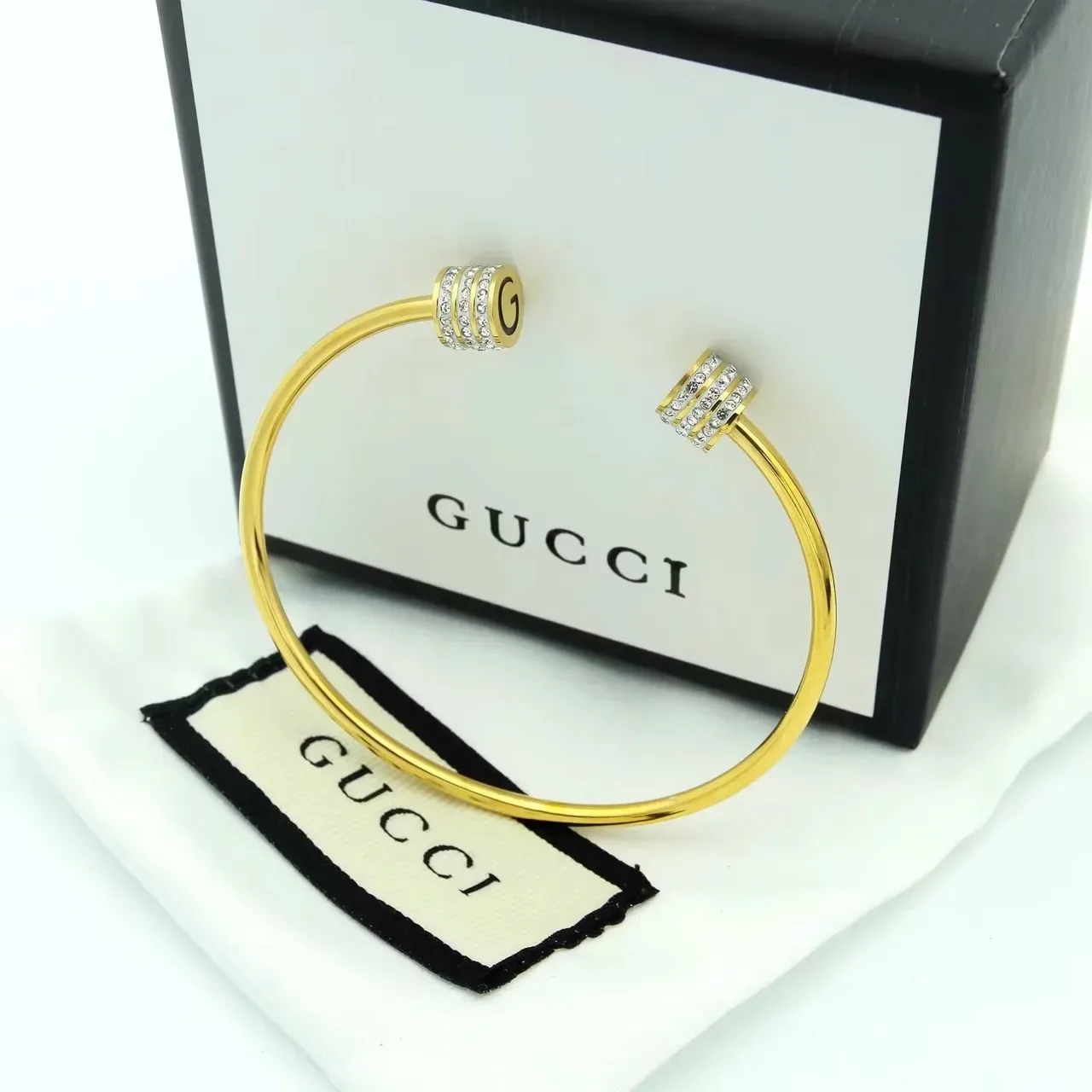 Gucci Rotating Crystal G-Logo Bangle Gold Silver Open Barrels Bracelet 8