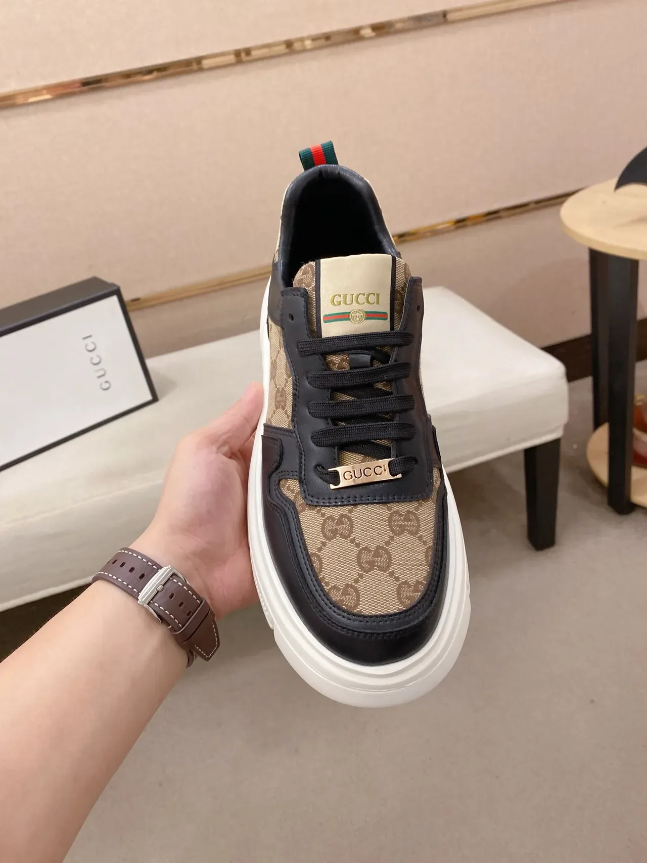 Gucci Screener Beige and Black GG Monogram Lifestyle Sneakers 5
