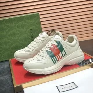 Gucci Screener Beige Rojo Suela Gruesa Cuero Superior Sneakers Lifestyle