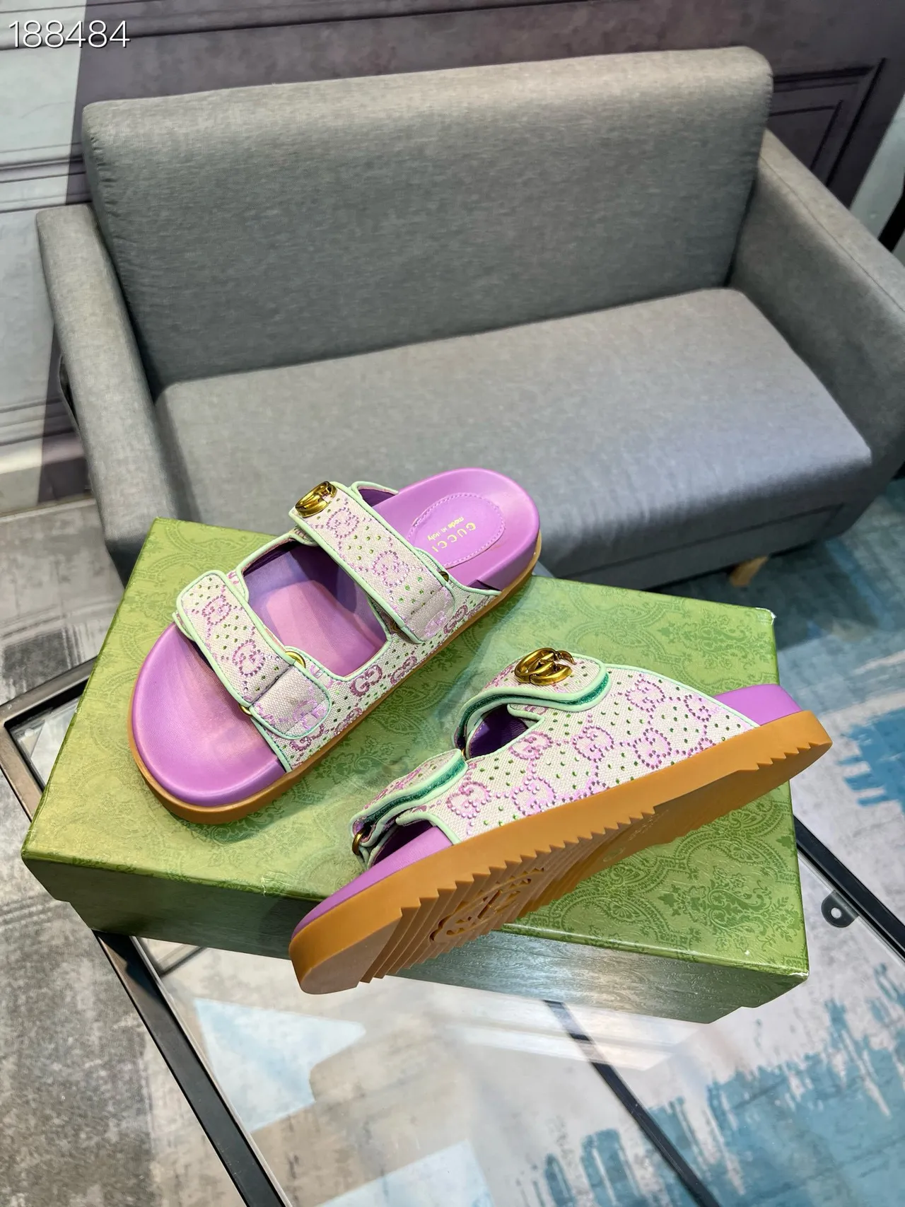 Gucci Screener Purple and Mint Green Monogram Slide Casual Sandals 4