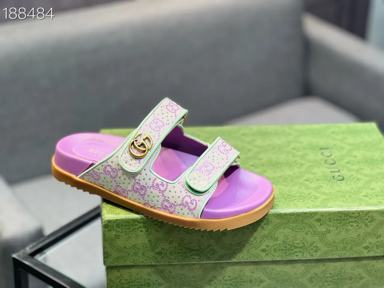 Gucci Screener Purple and Mint Green Monogram Slide Casual Sandals 5