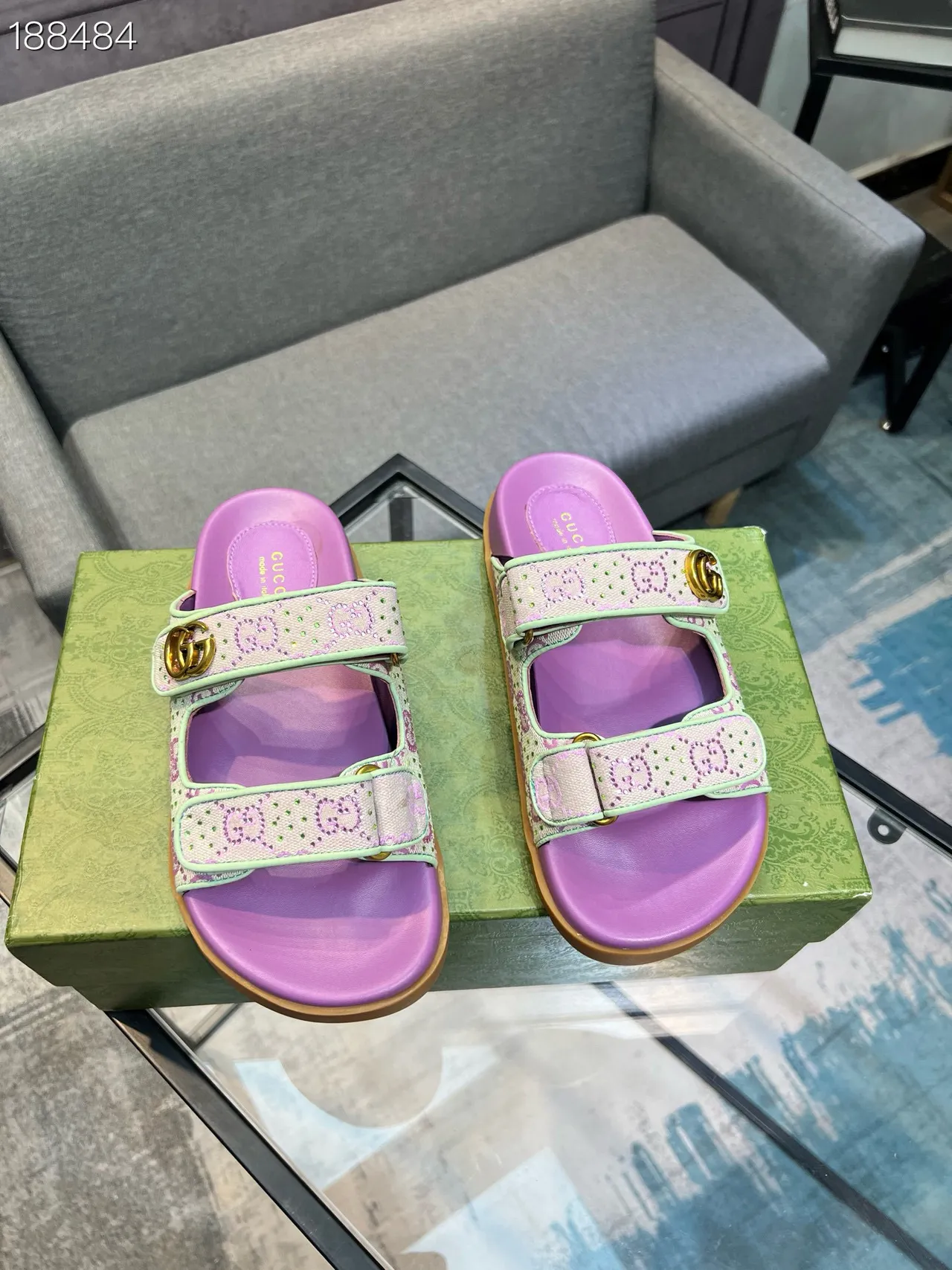 Gucci Screener Purple and Mint Green Monogram Slide Casual Sandals 7
