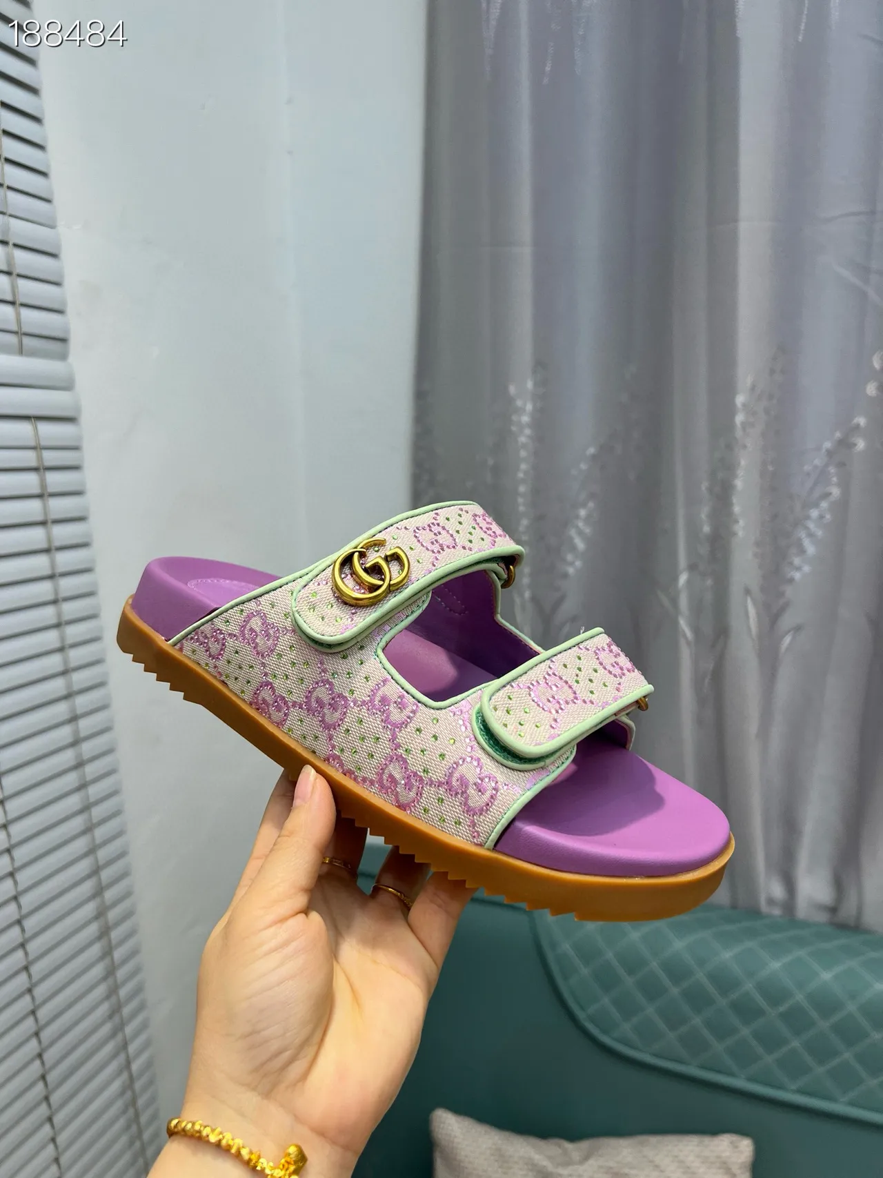 Gucci Screener Purple and Mint Green Monogram Slide Casual Sandals 8