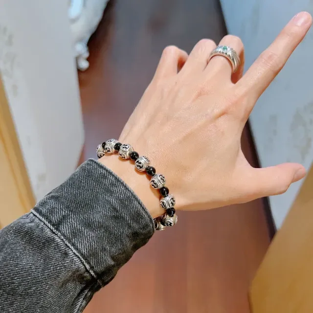 Gucci Silver Black Interlocking G Logo Beads Alternating Bracelet 2
