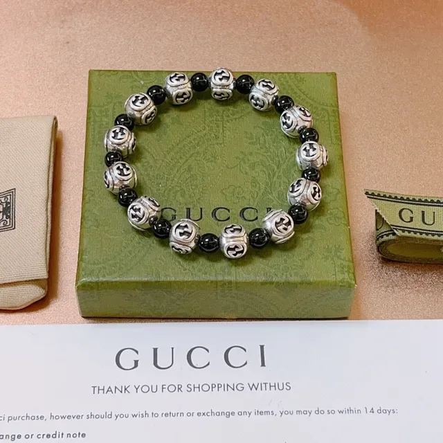 Gucci Silver Black Interlocking G Logo Beads Alternating Bracelet 9