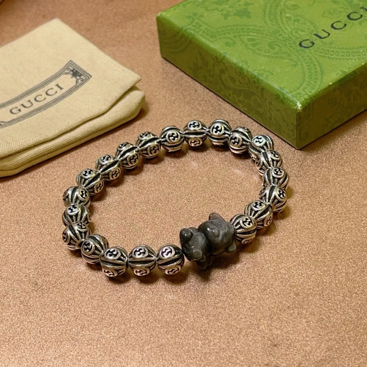 Gucci Silver Black Interlocking G Motif Beads Oxidized Finish Bracelet 3