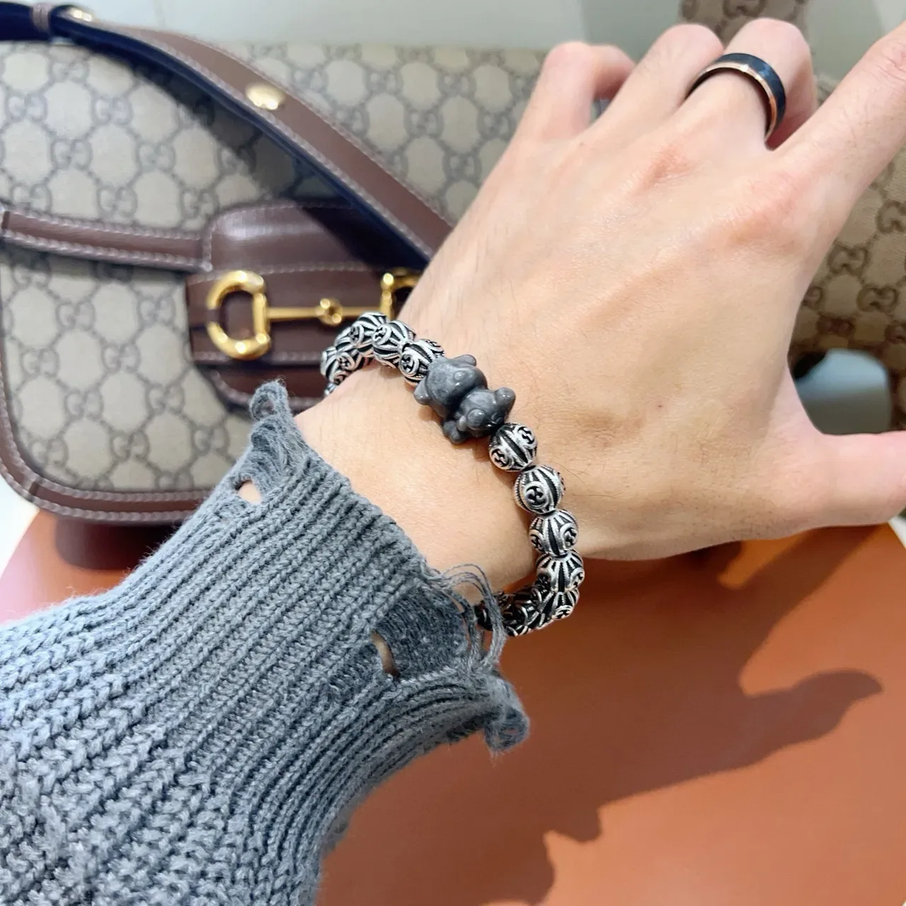 Gucci Silver Black Interlocking G Motif Beads Oxidized Finish Bracelet 4