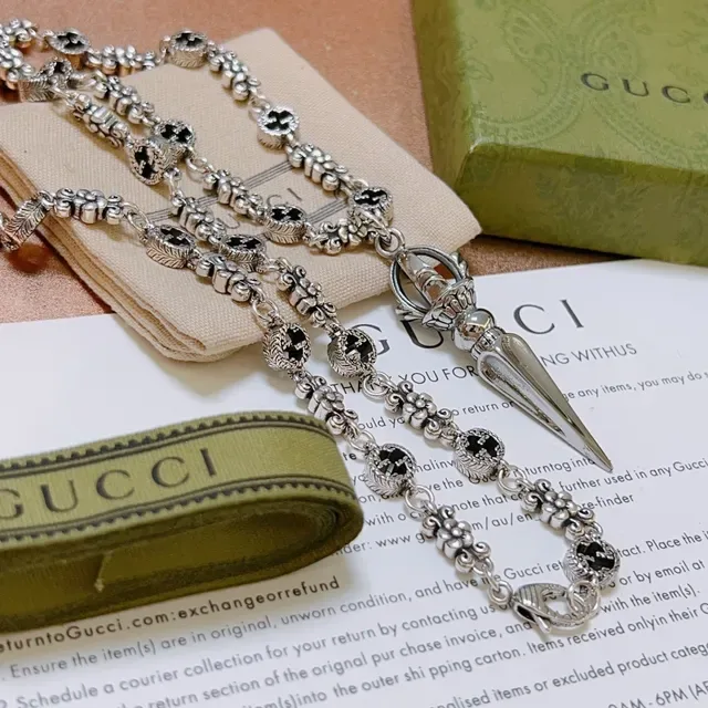 Gucci 银黑金属珐琅花朵链节项链 6