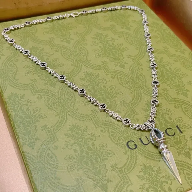 Gucci 银黑金属珐琅花朵链节项链 7
