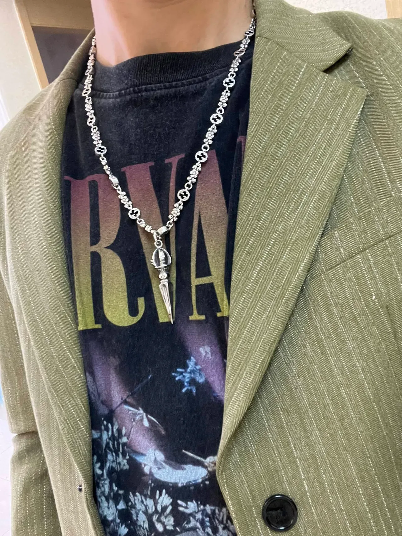 Gucci 银黑金属珐琅花朵链节项链 8