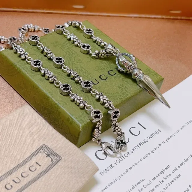 Gucci 银黑金属珐琅花朵链节项链 9