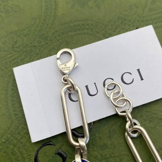 Gucci Silver Blue Chain-Link Enamel-Interlocked-G Bracelet 5