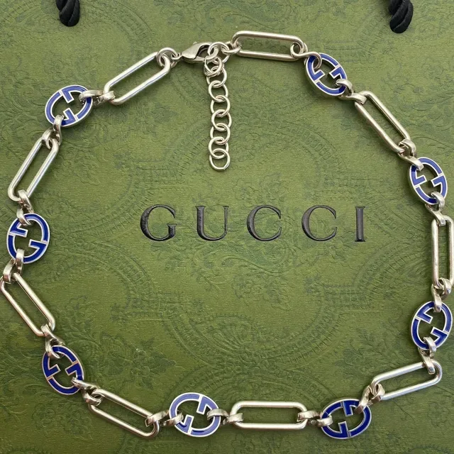 Gucci Silver Blue Chain-Link Enamel-Interlocked-G Bracelet 7