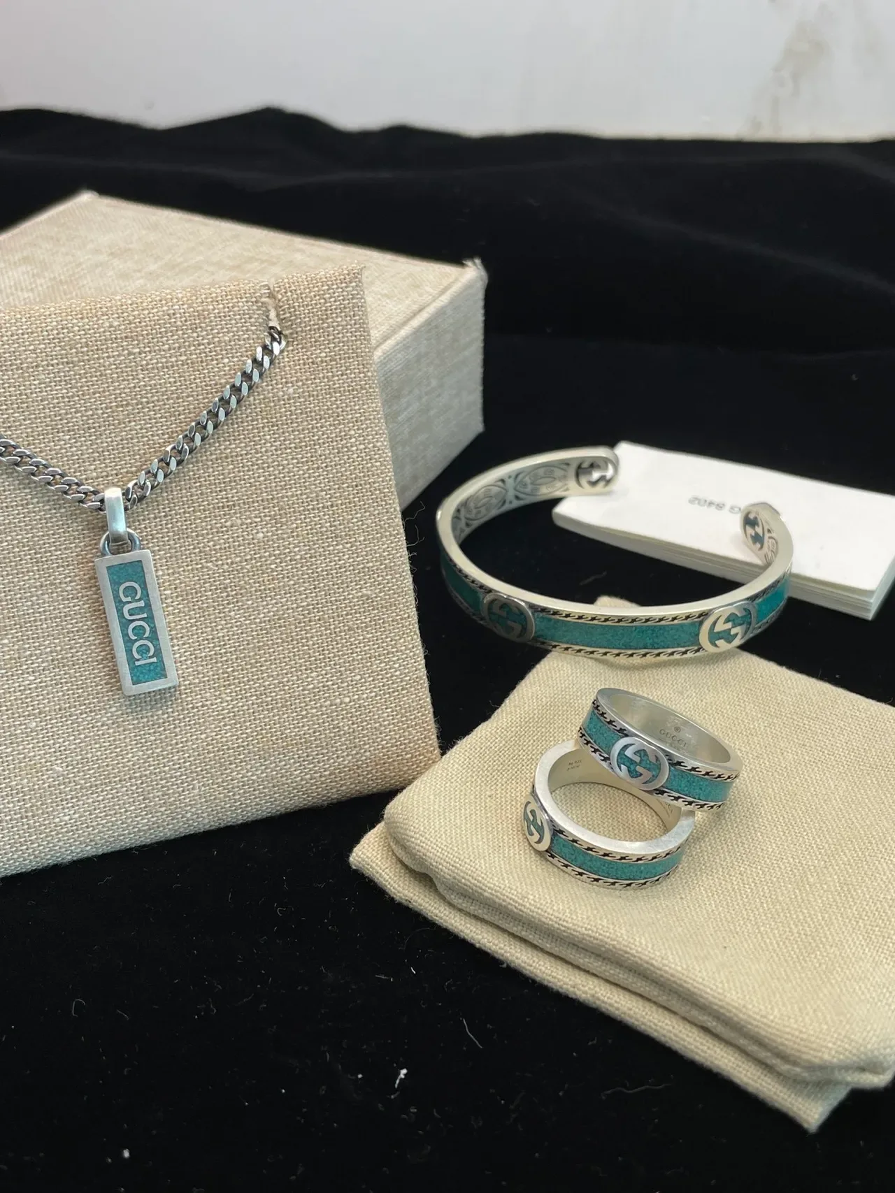 Gucci Silver Blue Curb Chain Rectangular Enamel Pendant Necklace 2