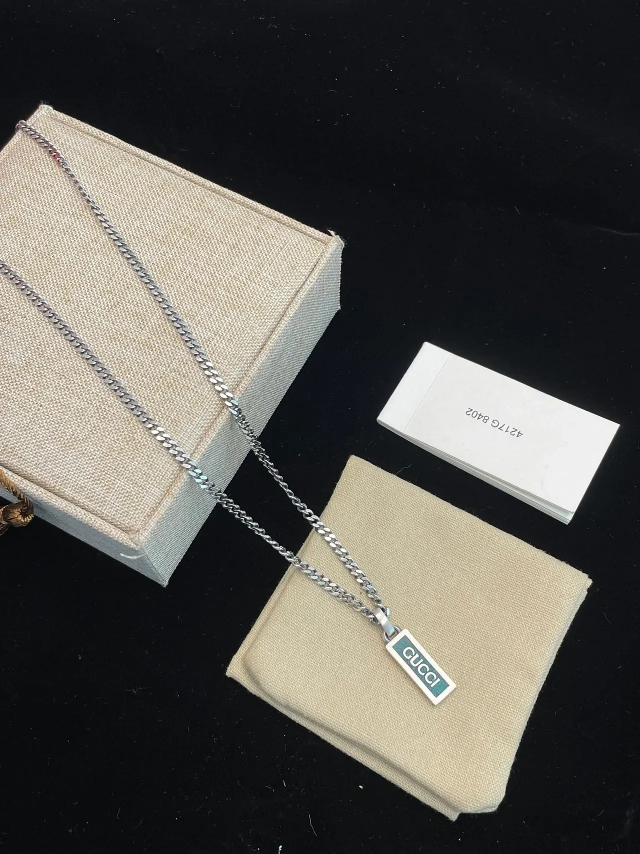 Gucci Silver Blue Curb Chain Rectangular Enamel Pendant Necklace 3