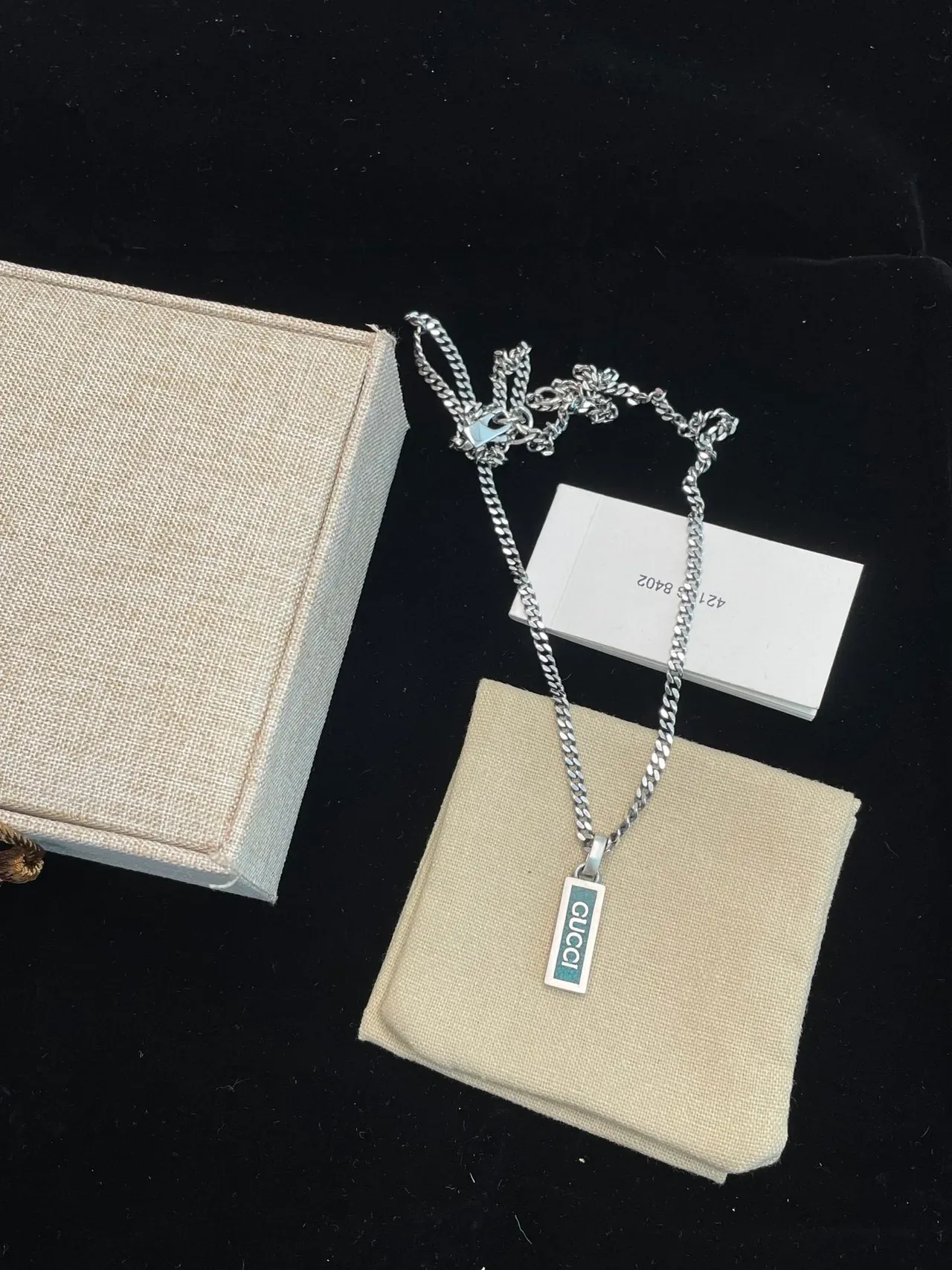 Gucci Silver Blue Curb Chain Rectangular Enamel Pendant Necklace 4