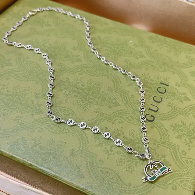 Gucci Silver Green Chain Pavé-Set Dark Stones Necklace 6