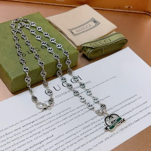 Gucci Silver Green Chain Pavé-Set Dark Stones Necklace 7