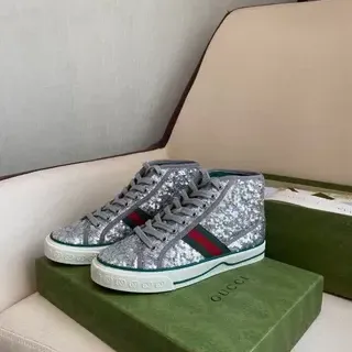 Gucci Plata Verde Brillante Superior Alta Estilo de Vida Zapatillas